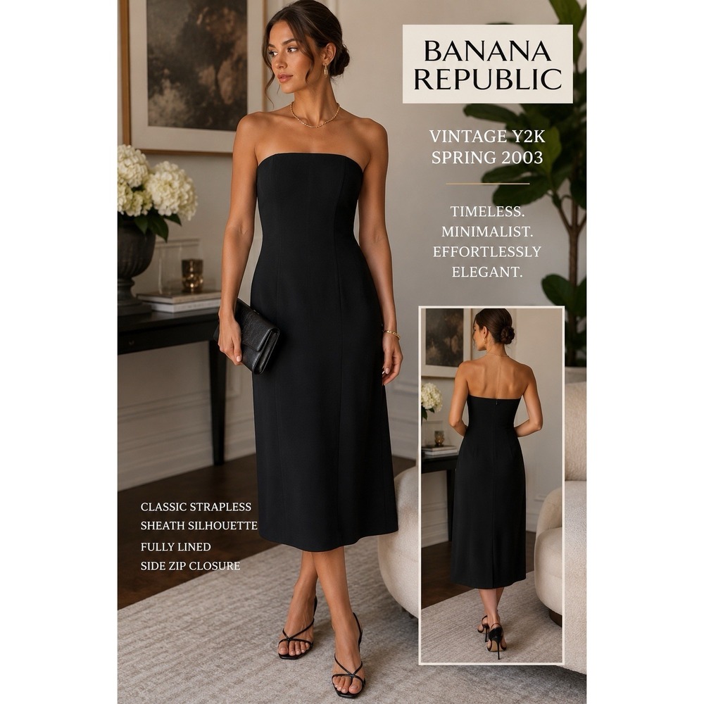Vintage Y2K Banana Republic Midi Dress 10 Black Strapless Sheath Lined 2003